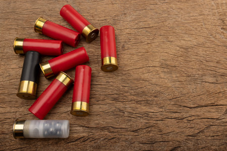 Shotgun shell cartridge on wooden background
