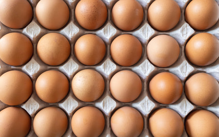 Brown chicken eggs in egg carton tray on white background, Top view