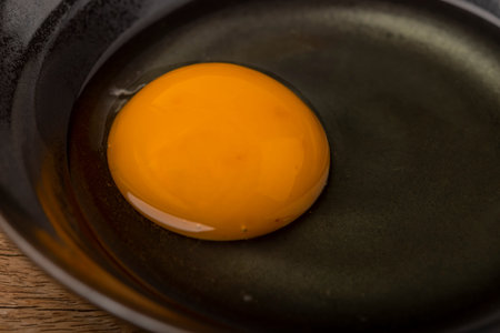 Raw egg yolk in a ceramic bowl on wooden background