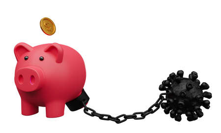 3D render of Piggy bank with Covid-19 fetter on isolated background with clipping path , Concept about Economic problems in the coronavirus covid-19 outbreakの写真素材