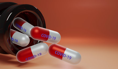 3D render of medication of antiviral capsule for  COVID-19 prevention , Pandemic medical health risk conceptの写真素材