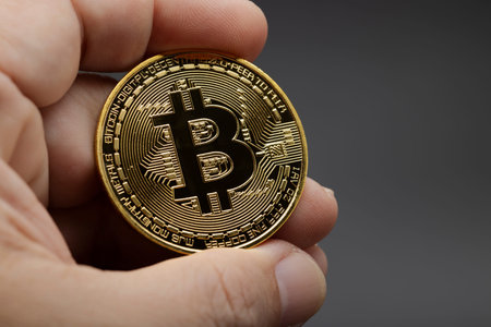 Hand holding golden Bitcoin , Can be used as a background
