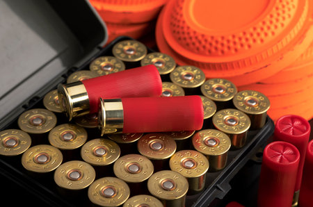 Shotgun shell bullets and clay shooting target , Can be used as a backgroundの写真素材