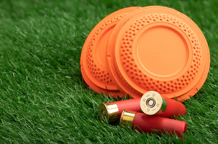 Clay disc flying targets and shotgun bullets on green grass background ,Clay Pigeon target