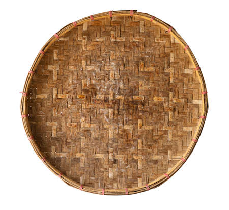 Top view , Bamboo wicker basket isolated on white backgroundの写真素材