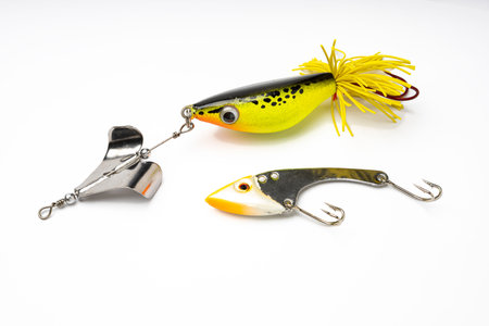 Artificial baits for catching of the predatory fishes on white background