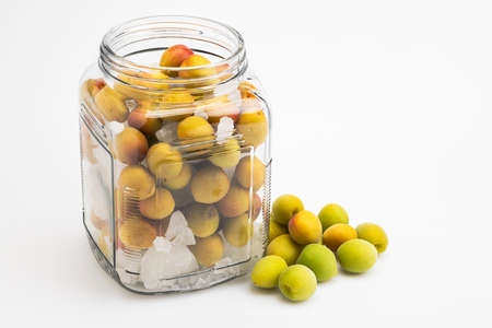 Green plum and rock sugar in bottle for wine making processの写真素材