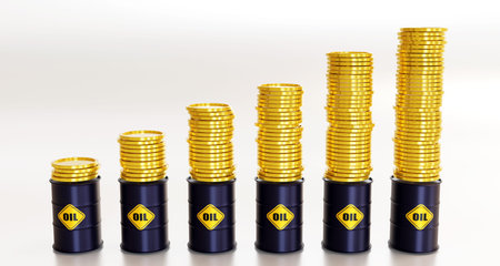 A row of oil barrels and golden coins of rising oil prices chart on white background, 3d...