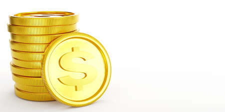 Money symbol of Golden dollar coins on white background, 3d illustrationの写真素材