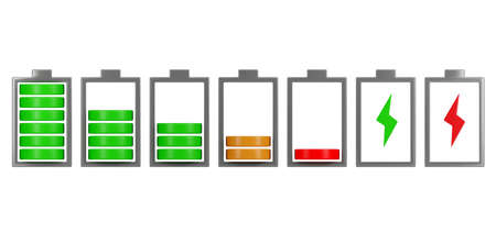 Discharged and various level energy batteries infographic set on white background, 3d illustrationの写真素材