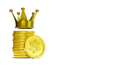 Stack of dollar coins with a golden crown on white background, king money icon symbol, 3d illustrationの写真素材