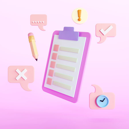 Clipboard task management todo check list with pencil on purple background, 3D rendering