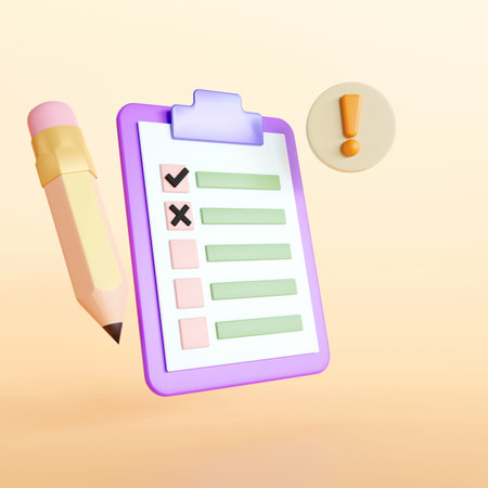 Clipboard task management todo check list with pencil on color background, 3D rendering