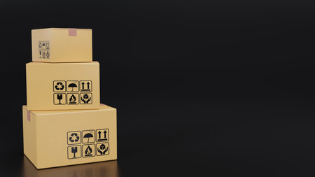 Stack of Carton boxes on black background, 3D renderingの写真素材