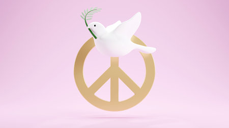 3D rendering of white dove in flight holding an Olive Branch and peace symbol on pastel backgroundの写真素材