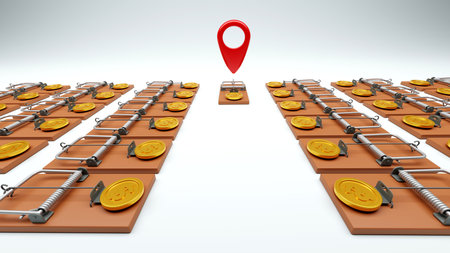 3D rendering of Location pin with Mousetrap and golden coins, business deception symbol conceptの写真素材