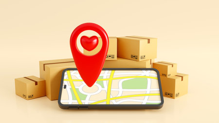 3d rendering of Pile of carton boxes and red location pins with a smartphone, Online business symbolの写真素材