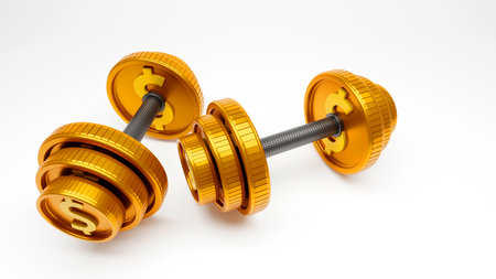 Golden dumbbell made of a dollar coin on a white background, Business concept. 3D renderingの写真素材