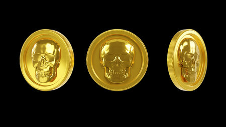 3d rendering of golden coins with skull symbol, tokens, mark symbol on black color background, bank and finance conceptの写真素材