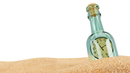 3d rendering of a clock in a bottle on the sand on isolated white background, memories and time...