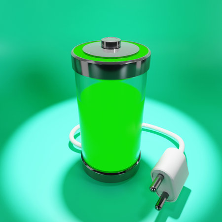 3D rendering of battery charging and white plug icon, recharge, electric and technology conceptの写真素材