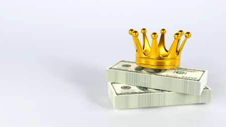 3D rendering of a pile of banknote with a golden crown on color background, Finance and success business conceptの写真素材