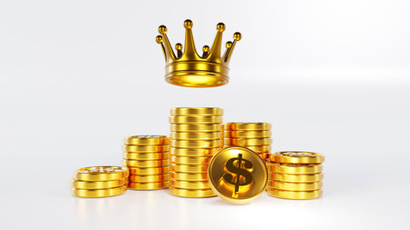 3D rendering of a stack of golden coins with a crown on color background, Finance and investment conceptの写真素材