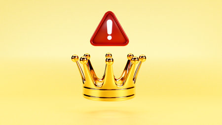 3D rendering of a golden crown with an exclamation on color background, Doubt ruled in the regime conceptの写真素材