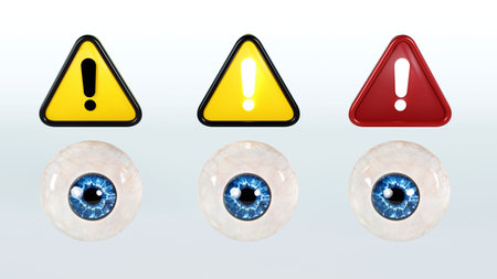 3D rendering of an eye with exclamation icon, error, problem, alert, Warning for future vision...