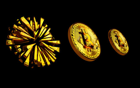 3D rendering of bitcoin coin in shattered pieces to depict the cryptocurrency market crisis, block chain technology icon conceptの写真素材