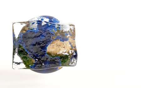 3D rendering of the Earth planet in melting ice cube, global warming  increases temperature earth,...