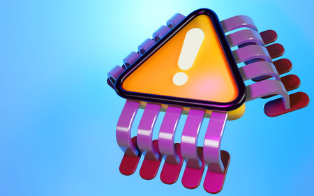 3D rendering of IC chip with an exclamation mark, malware or virus infection on hardware and device...