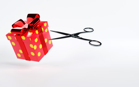 3D rendering of a gift box with scissors on white background, cutting open gift box, open surprise and present conceptの写真素材