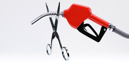 3D rendering of scissors cutting the fuel nozzle on white background, petroleum discount, energy marketing conceptの写真素材