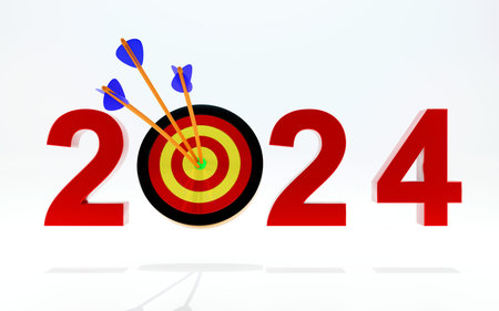 3D rendering of the 2024 goal and a round target with arrows on white background, New goal and...