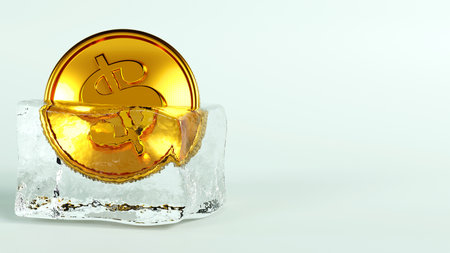 3D rendering  of golden coin in an ice cube, Economic slowdown and disruptions in the financial system are like being frozen conceptの写真素材