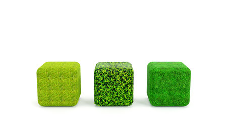 3D rendering of 3 types of grass cube for display on white backgroundの写真素材