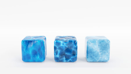 3D rendering of 3 types of cubic ice texture design for display on white backgroundの写真素材