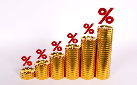 3D rendering of red percentage symbol with coin stack, on color background Interest rate and rising inflation conceptの写真素材