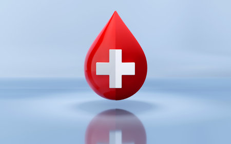 3D rendering of blood drop with the medical cross symbol on color background, Donation, hematology and medicine conceptの写真素材
