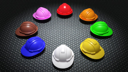 3D rendering of set of safety helmets with different colors, standard color hard hats for construction or industry, safety on working area conceptの写真素材