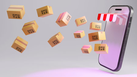 3D rendering of mobile shopping with parcel boxes, smartphone applications, Shopping online and...