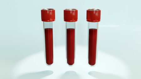 3D rendering of blood sample tubes, blood tests, chemistry, analyses, Symbols of medicine and laboratory conceptの写真素材
