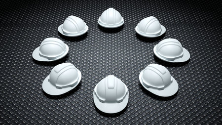 3D rendering of set of safety helmets, standard color hard hats for construction or industry, safety on working area conceptの写真素材