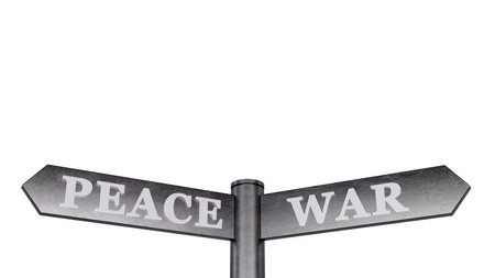 3D rendering of a signpost with two opposite arrows peace or war message on white background, a symbol of no war and world peace conceptの写真素材