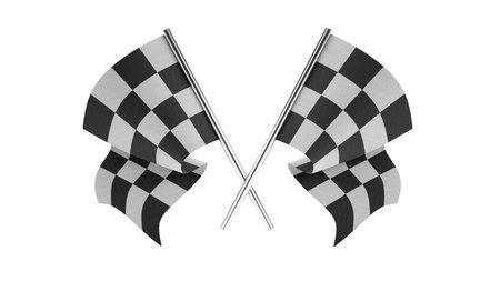 3D rendering of checker crossed flag pair, waving checker flags to crown a champion or the winner of a race on a white backgroundの写真素材