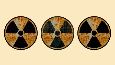 3D rendering of rusty danger radiation sign Icon set, nuclear power station and radioactive warning symbol on color background, Dangerous sign collectionの写真素材