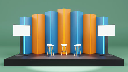 3d rendering of color light stage with seats and two TV screens for talking, interviews, Presentation business conceptの写真素材