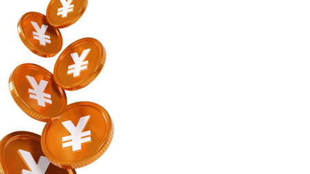3D rendering of falling yen coins on a white background, exchange rate, finance, investment and savings conceptの写真素材