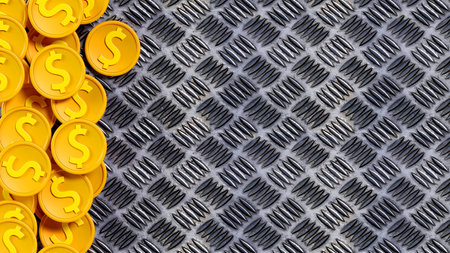 3D rendering of a pile of golden dollar coins on a diamond plate background, finance, investment and savings conceptの写真素材
